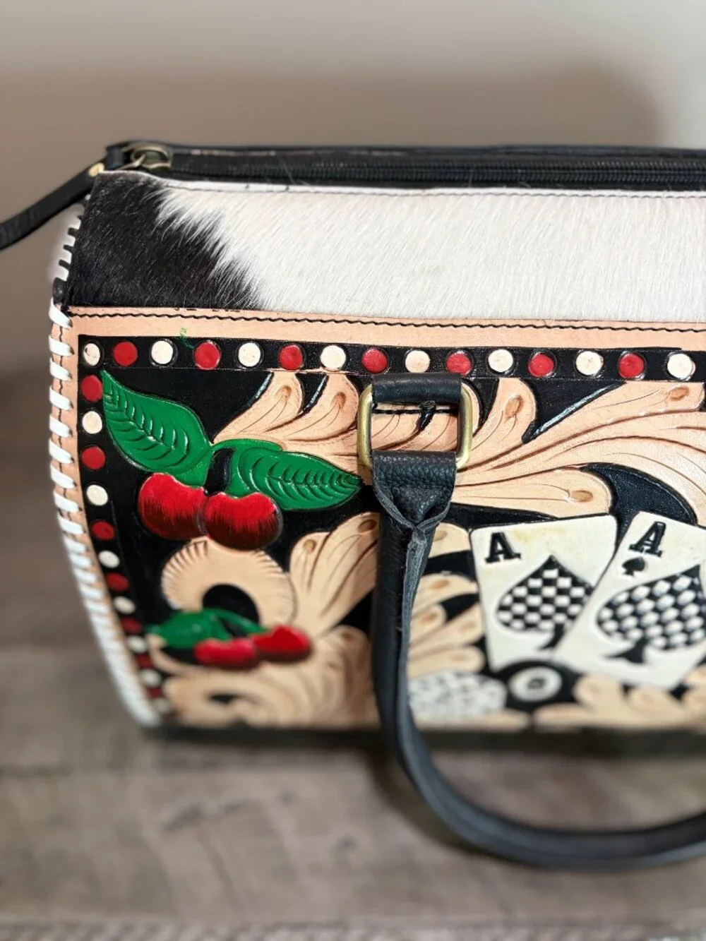 Hand Painted Tooled Leather Large Satchel Barrel Bag Cowhide Leather